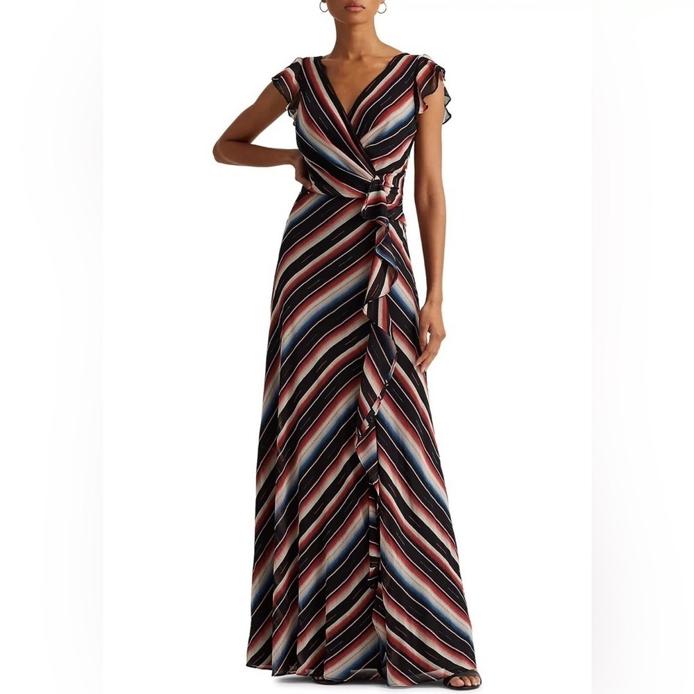Lauren Ralph Lauren Womens Blanket Stripe Georgette Gown black Size 8